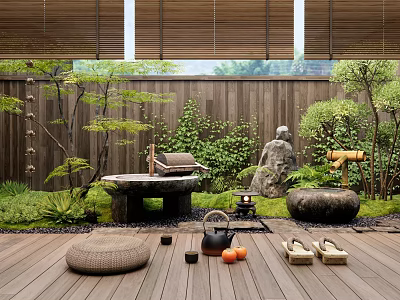 Japanese Zen Courtyard Garden With Wooden Deck Bamboo Blinds Stone Table Moss And Green Plants 3d model
