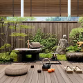 Japanese Zen Courtyard Garden With Wooden Deck Bamboo Blinds Stone Table Moss And Green Plants