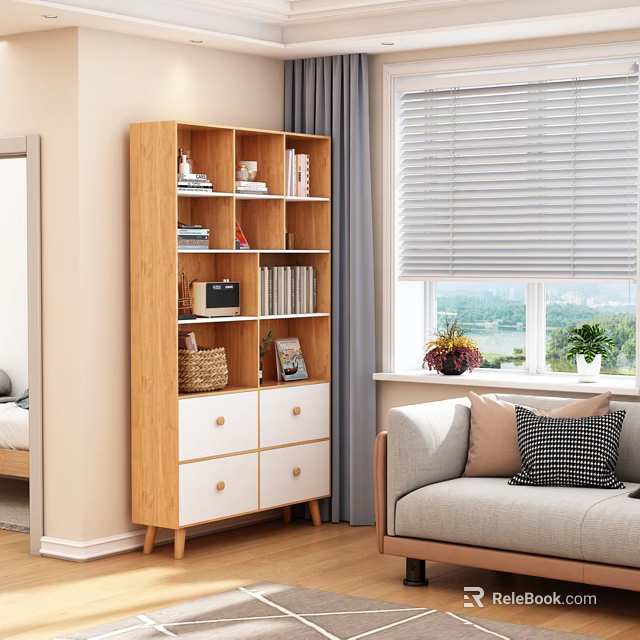Light Wood Bookcase With Shelves Drawers Books Photo Frame And Wicker Basket In Living Room 3d model 