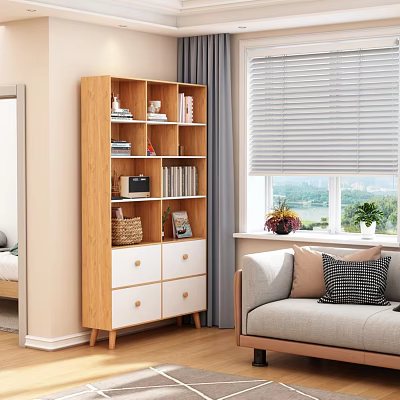 Light Wood Bookcase With Shelves Drawers Books Photo Frame And Wicker Basket In Living Room 3d model