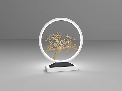 Modern Golden Tree Branch Sculpture With White Circular Frame And Black Base 3d model