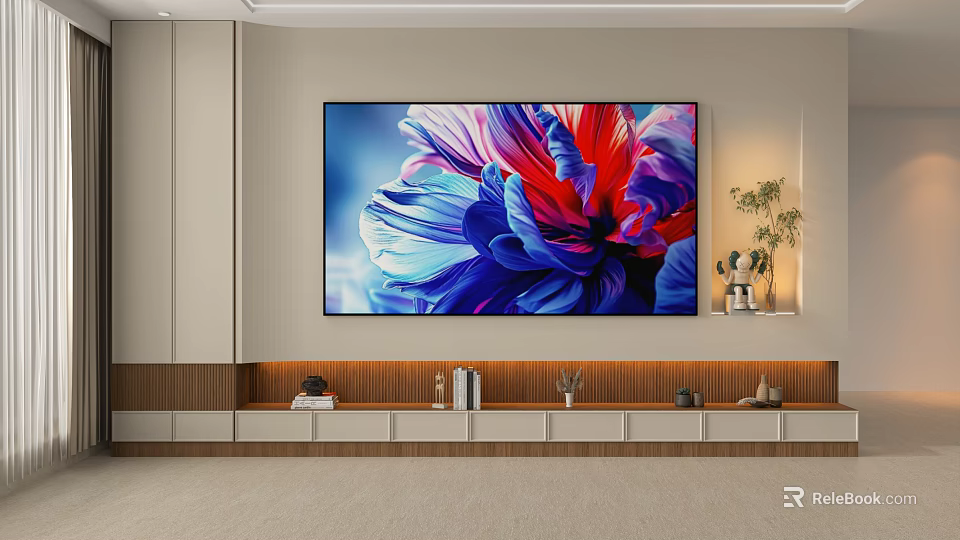 Modern TV Wall Design With Colorful Floral Artwork And Wooden Console Decor 3d model 