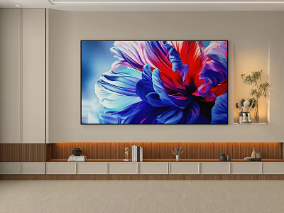 Modern TV Wall Design With Colorful Floral Artwork And Wooden Console Decor 3d model