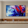Modern TV Wall Design With Colorful Floral Artwork And Wooden Console Decor