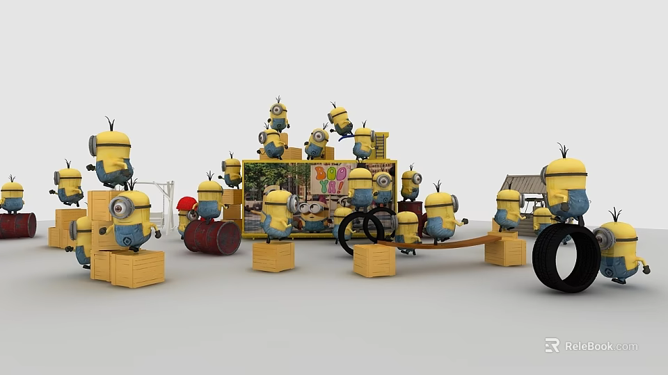 Multiple Minion Dolls Display With Wooden Crates Seesaw Banana Sign Barrels And Tire 3d model 