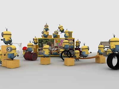 Multiple Minion Dolls Display With Wooden Crates Seesaw Banana Sign Barrels And Tire 3d model