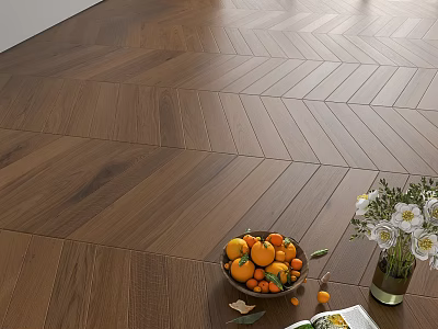 Elegant Herringbone Wooden Flooring In Interior With Citrus Bowl White Flower Vase And Open Magazine 3d model