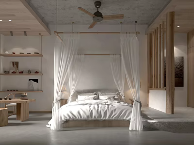 Minimalist Hotel Guest Room With White Canopy Bed Wooden Elements And Ceiling Fan 3d model