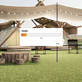 Outdoor Canopy With Wooden Frame String Lights And Grills On Green Grass Lawn