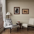 Classic Accent Chairs With Patterned Neutral Upholstery By Window Blinds Framed Art And Side Table 3d model