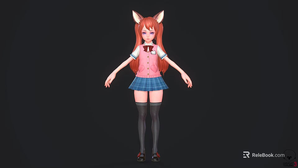 Woman With Fox Ears Wearing Pink Vest Blue Plaid Skirt And Black Knee High Socks 3d model 