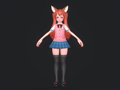 Woman With Fox Ears Wearing Pink Vest Blue Plaid Skirt And Black Knee High Socks 3d model