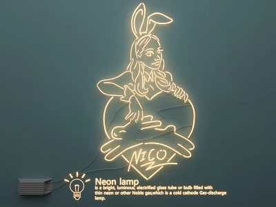 Decorative Neon Lamp With Bunny Ears Woman Holding Heart Shaped Object And NELCO Text 3d model