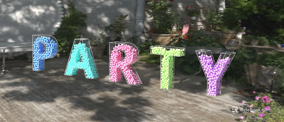 Colorful Bead Letters Spelling ARTY In Outdoor Setting With Plants 3d model 