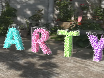 Colorful Bead Letters Spelling ARTY In Outdoor Setting With Plants 3d model