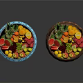 Fresh Assorted Fruits in Two Containers Metal and Wooden with Pineapple Strawberries Grapes Apples Oranges