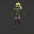 3D Character Model With Blue Long Hair And Black Armor Outfit