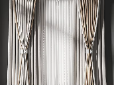 Beige And White Pleated Curtains With Tiebacks And Light Filtering Fabric Design 3d model