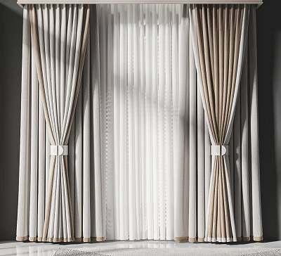 Beige And White Pleated Curtains With Tiebacks And Light Filtering Fabric Design 3d model