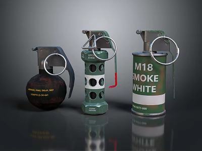 Different Types of Hand Grenades Including M26A2 Concussion and M18 Smoke White 3d model