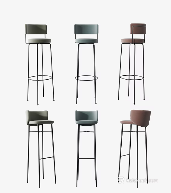 Modern Bar Stools With Black Metal Frames And Colored Upholstered Seats 3d model