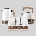 Modern White And Brown Kitchen Appliances Featuring Toaster And Kettles