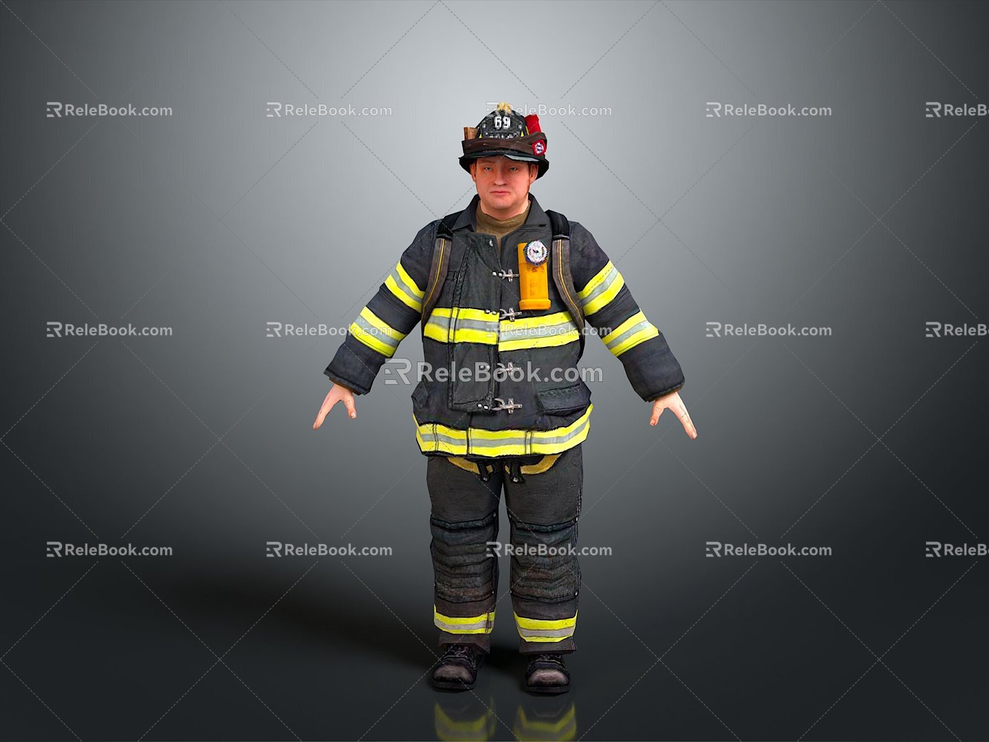 Firefighters, firemen, fire-fighting suits, gas masks, hose 3d model