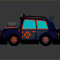 Cartoon Style Blue Car With Red Black Accents Geometric Patterns Roof Lights And Rocket Device