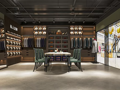 Modern Clothing Store Interior Design With Hanging Clothes Display Racks Shoes And Central Table 3d model