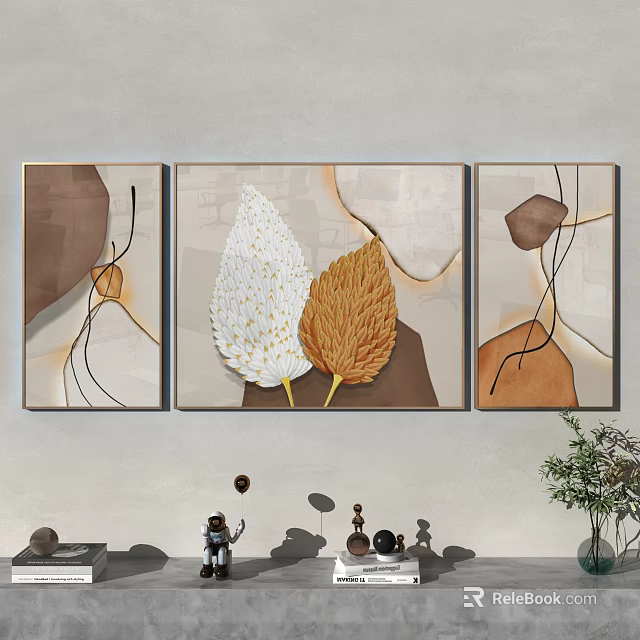 Abstract Wall Art With Brown And White Leaves Geometric Lines On Neutral Background 3d model 