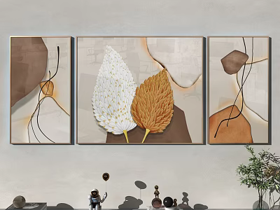 Abstract Wall Art With Brown And White Leaves Geometric Lines On Neutral Background 3d model