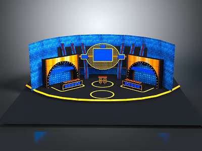 Modern Studio Interior With Blue Backdrop Multiple Screens Symmetric Seating Areas And Yellow Decorative Lines 3d model