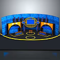 Modern Studio Interior With Blue Backdrop Multiple Screens Symmetric Seating Areas And Yellow Decorative Lines