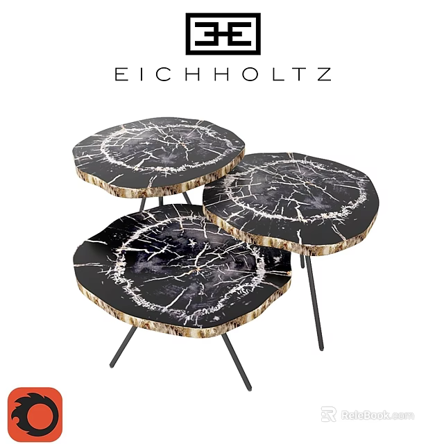 Three Round Stump Like Functional Tables With Cracked Black Surface And Metal Legs 3d model 