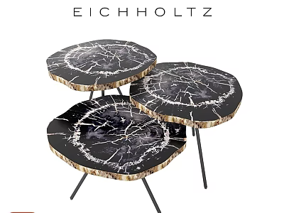 Three Round Stump Like Functional Tables With Cracked Black Surface And Metal Legs 3d model