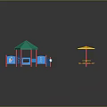 Colorful Playground Equipment With Green Roof Blue Red Pillars And Yellow Rotating Seats