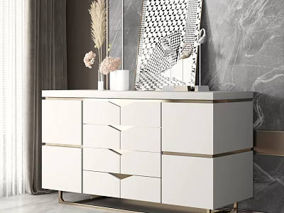 Modern Luxury Console Table With White Finish Gold Handles And Marble Wall Decorative Elements 3d model