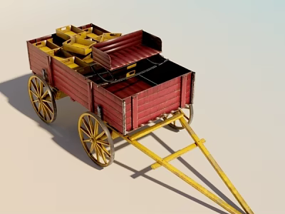 Red Wooden Utility Wagon With Yellow Wheels And Open Cargo Bed 3d model