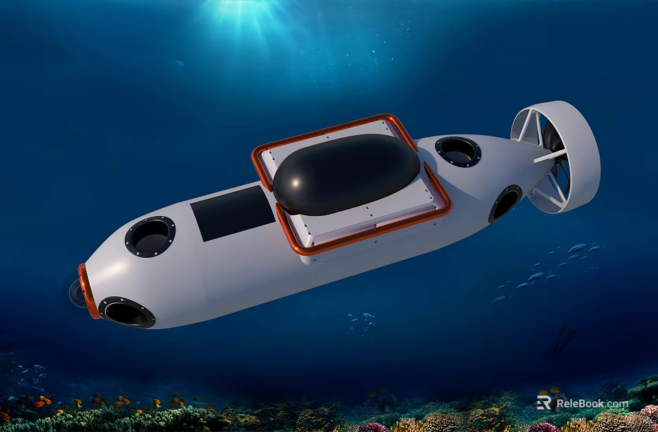White Underwater Robot With Black Dome Orange Trim And Propellers In Ocean 3d model 