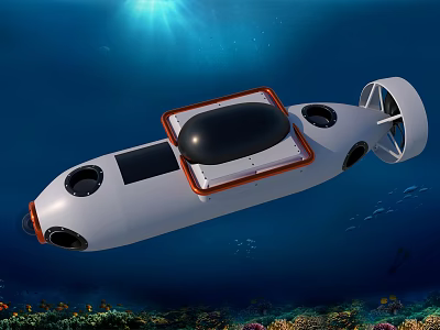 White Underwater Robot With Black Dome Orange Trim And Propellers In Ocean 3d model