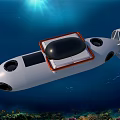 White Underwater Robot With Black Dome Orange Trim And Propellers In Ocean