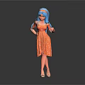 Blue Haired Female Character In Orange Dress With Adorable Creature Companion