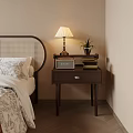 Cozy Bedroom Bedside Table With Table Lamp Radio Potted Plant And Books
