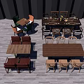 Stylish Wooden Dining Table Sets With Various Chairs And Decorative Items 3d model