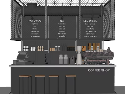 Modern Coffee Shop Reception Counter With Menu Boards Coffee Machine And Bar Stools 3d model