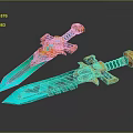 Two Shiny Decorative Swords With Turquoise Blades And Orange Ornate Hilts