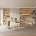 Modern Study Room Interior With Built in Bookshelves Desk Chairs And Potted Plants