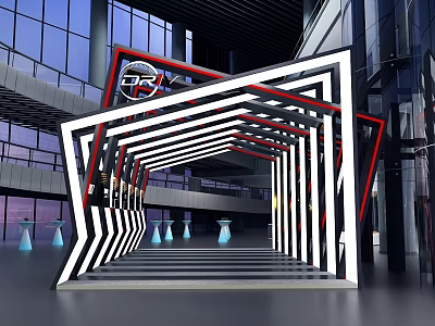 Modern Pergola Design With Black White Stripes And LED Lighting In Glass Building Hall 3d model