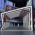 Modern Pergola Design With Black White Stripes And LED Lighting In Glass Building Hall