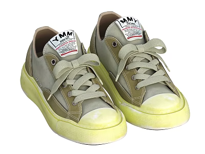 Light Green Beige Casual Sneakers With Yellow Sole And Gray Laces 3d model